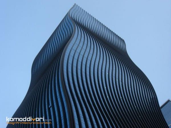 ایده طراحی نمای بیرونی شیشه ای برج اداری تجاری به شکل موج