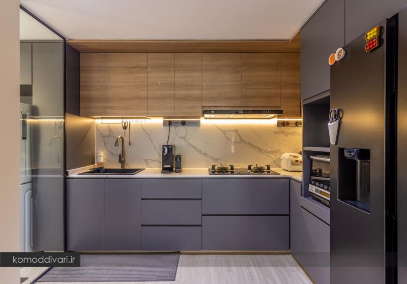 ایده کابینت آشپزخانه با طراحی زیبا و نورپردازی