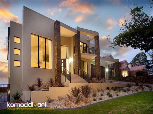 ایده نمای بیرونی خانه با ستون های سنگی
