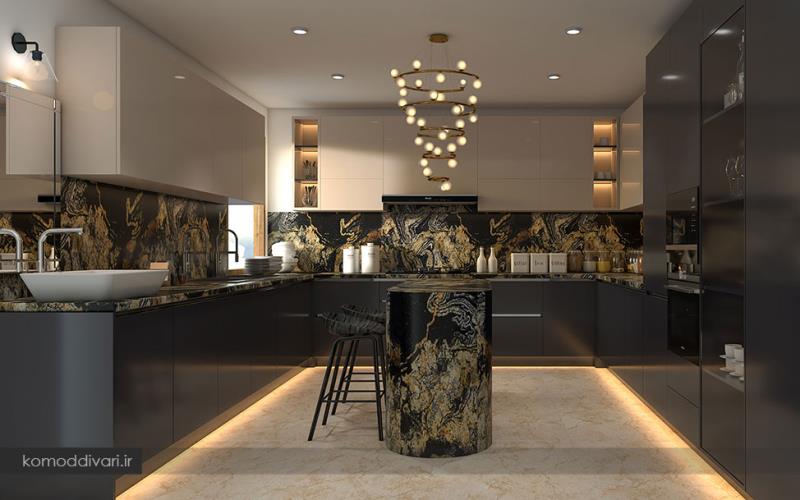 طراحی زیبا کابینت آشپزخانه با لوستر زیبا