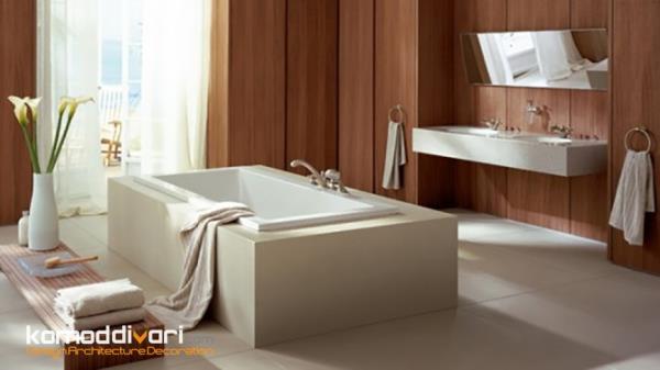 حمام مدرن با دیوارپوش چوبی